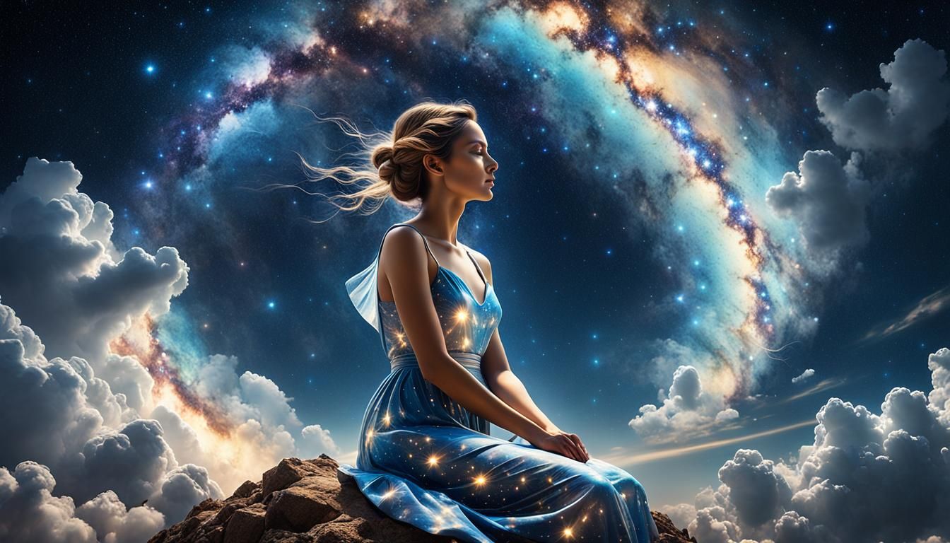 Milky Way Woman on Clouds in Hypermaximalist Style