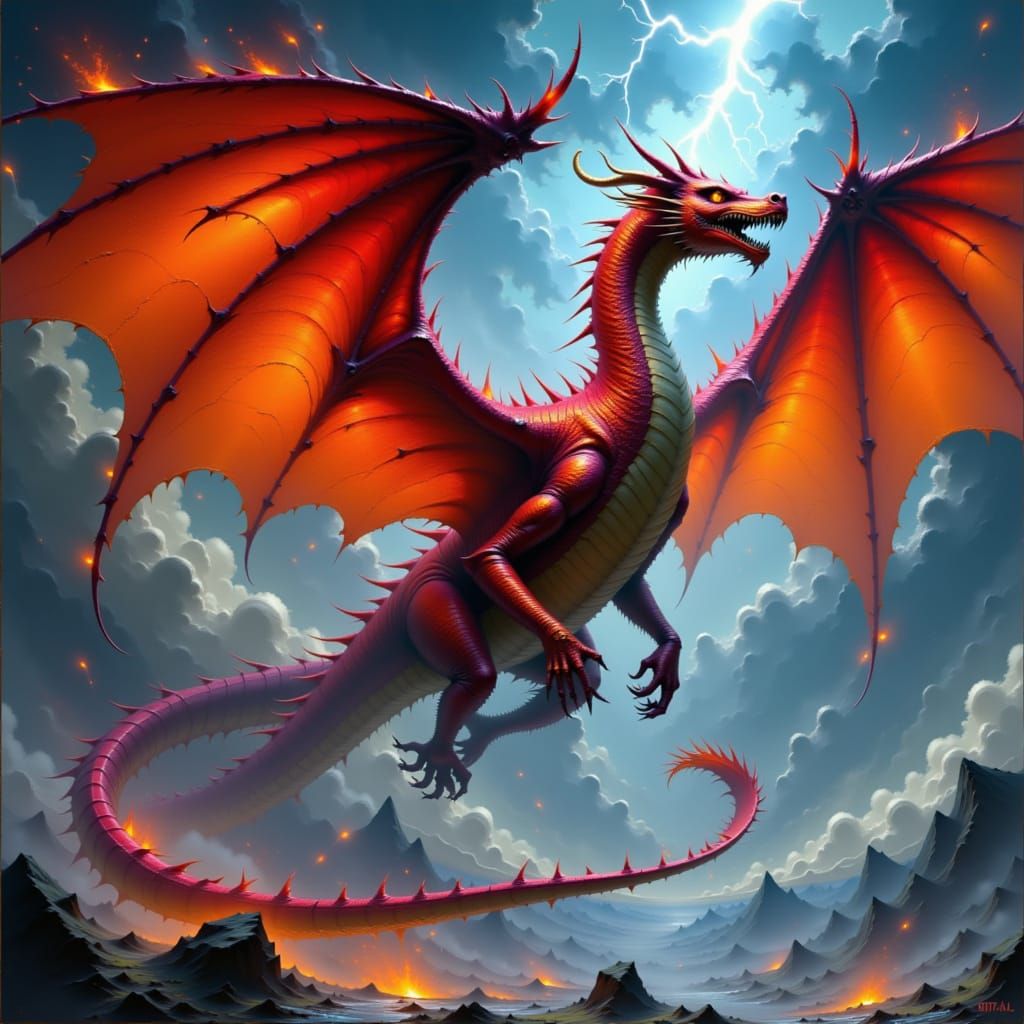 Fire-Red Dragon Soaring Through Stormy Sky