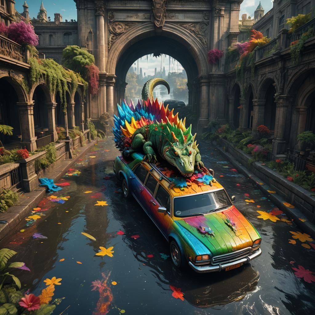 Rainbow Crocodile in Car: Detailed Matte Painting