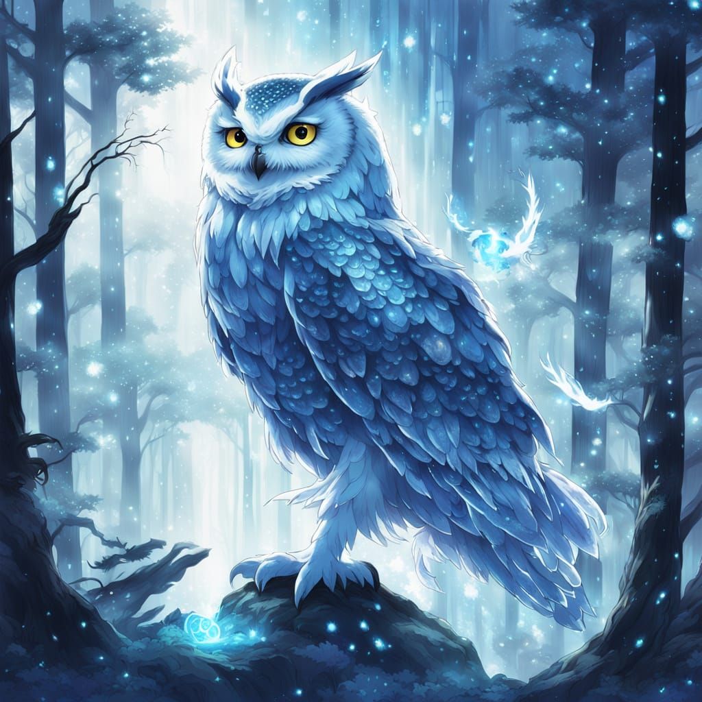 Bioluminescent Forest with Mist Owl in Anime Style