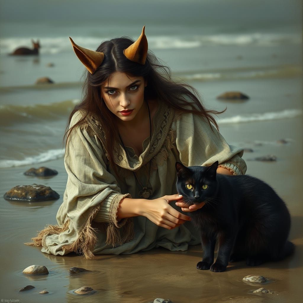 Realistic Image of an Old Witch with Black Cat