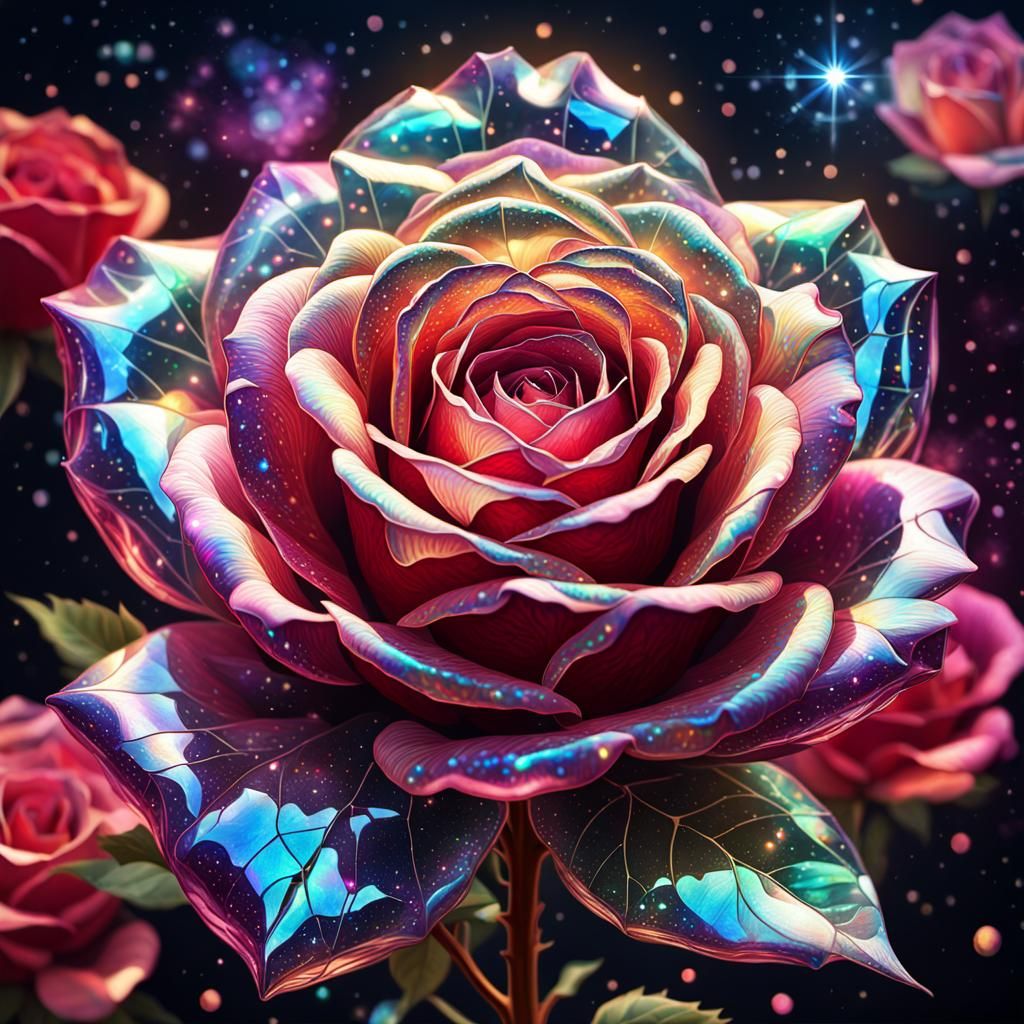 Holographic Crystal Rose: Astral Cosmic Illustration