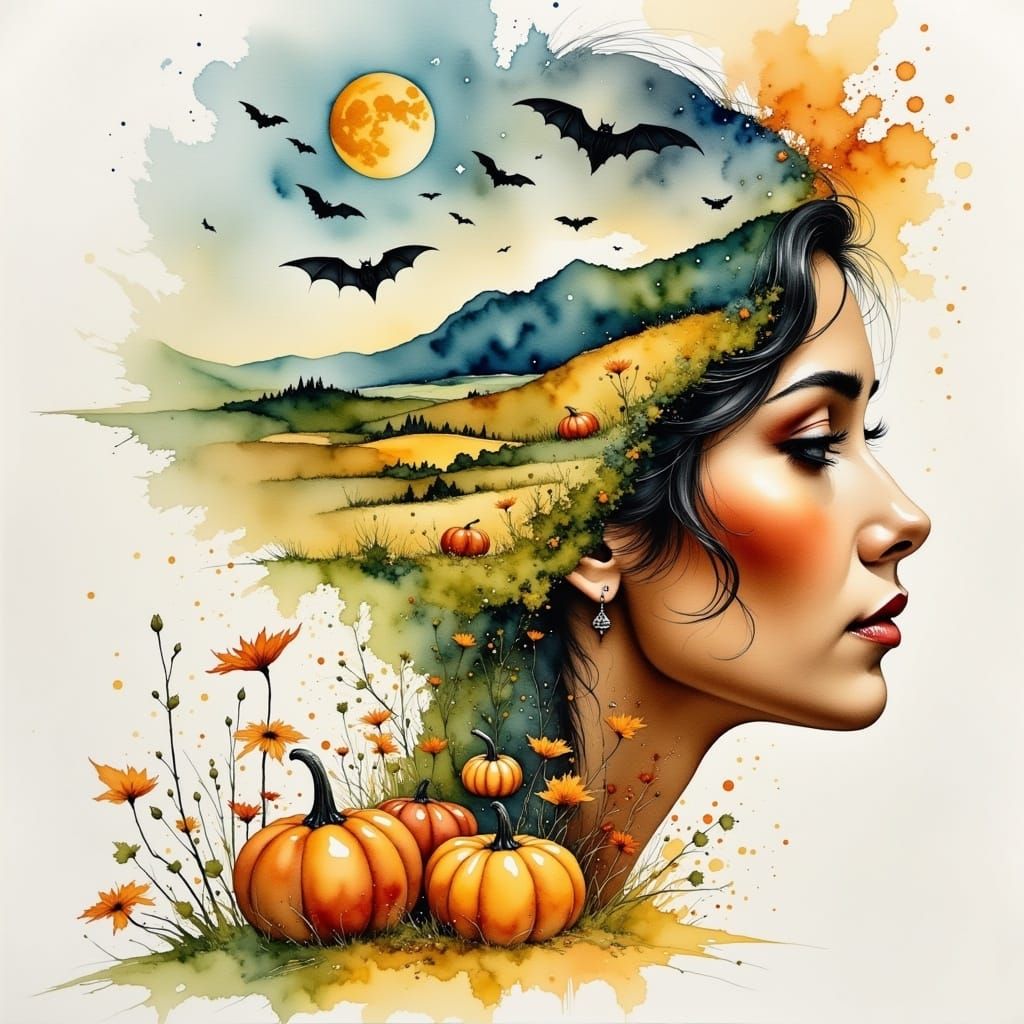 Autumnal Woman's Profile in Dreamy Watercolor Style