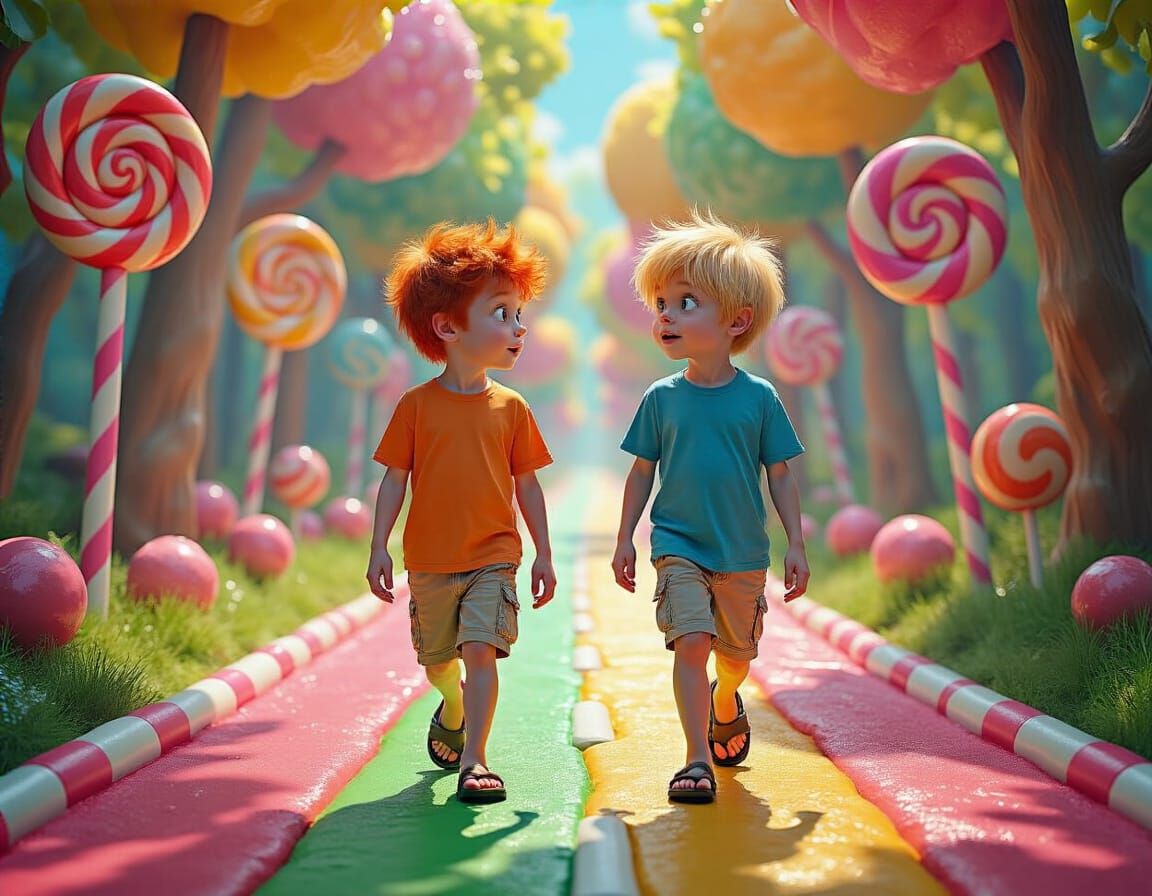 Boys Journey Through Whimsical Candyland Forest, Digital Ill...