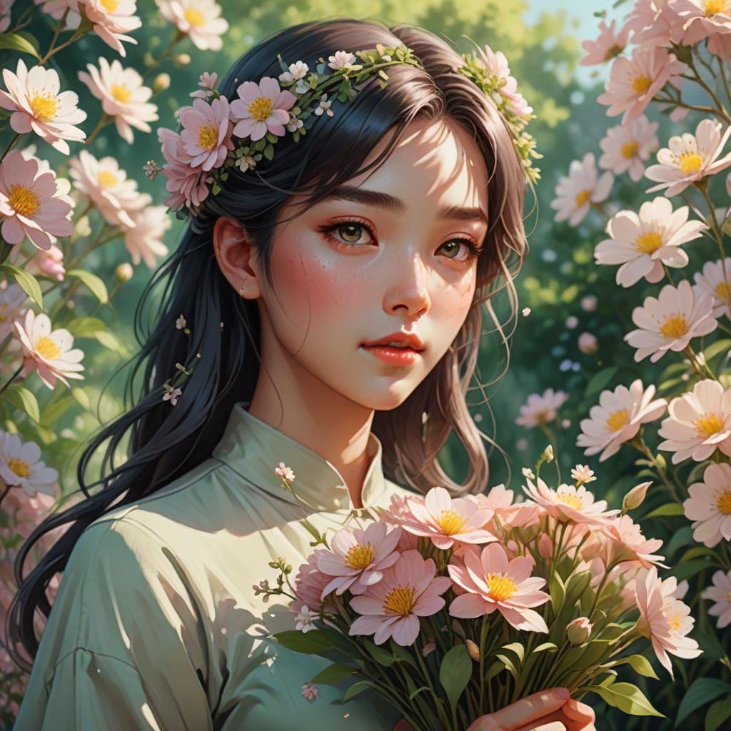 Anime Woman Holding Flowers in Soft Pastel Light