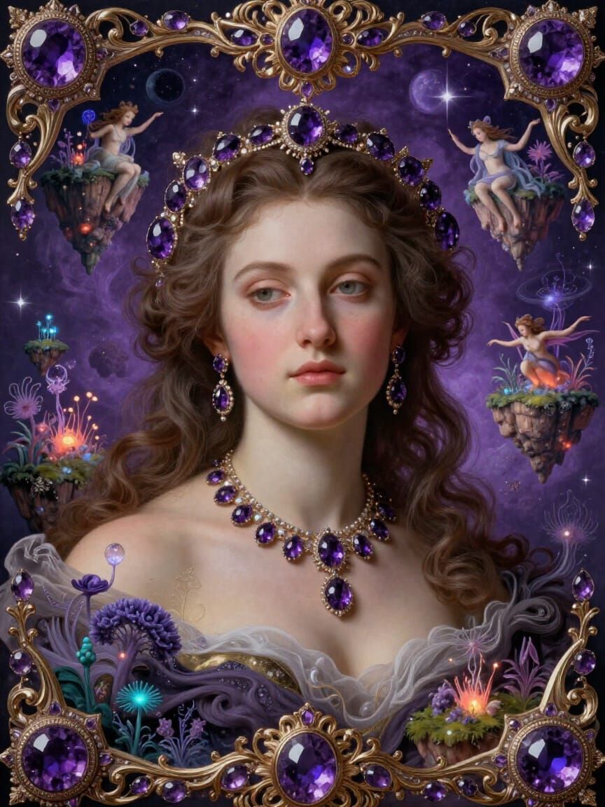 Baroque Amethyst Portrait with Surreal Landscape