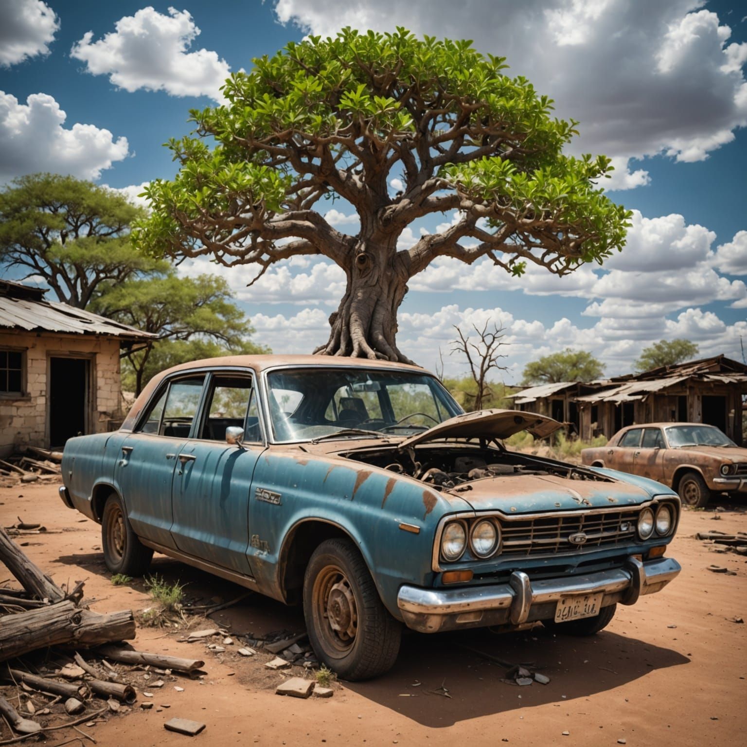 Bonsai Baobab Tree Emerges from Abandoned Car