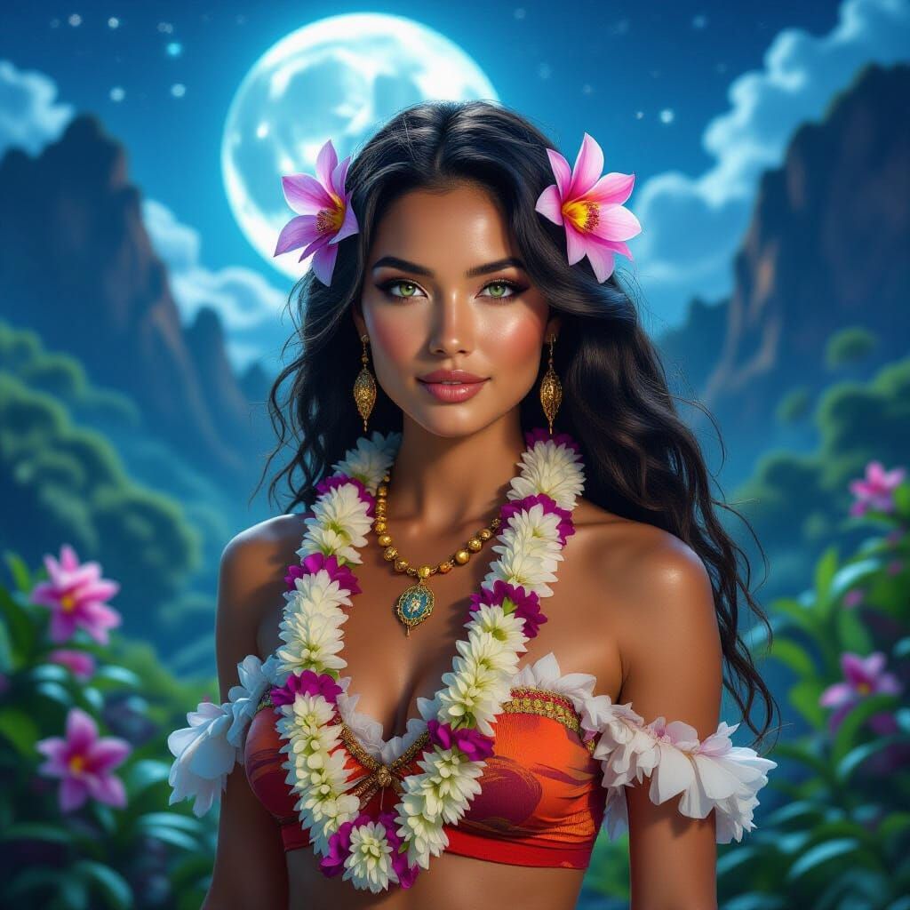 Radiant Hawaiian Goddess in Lush Landscape