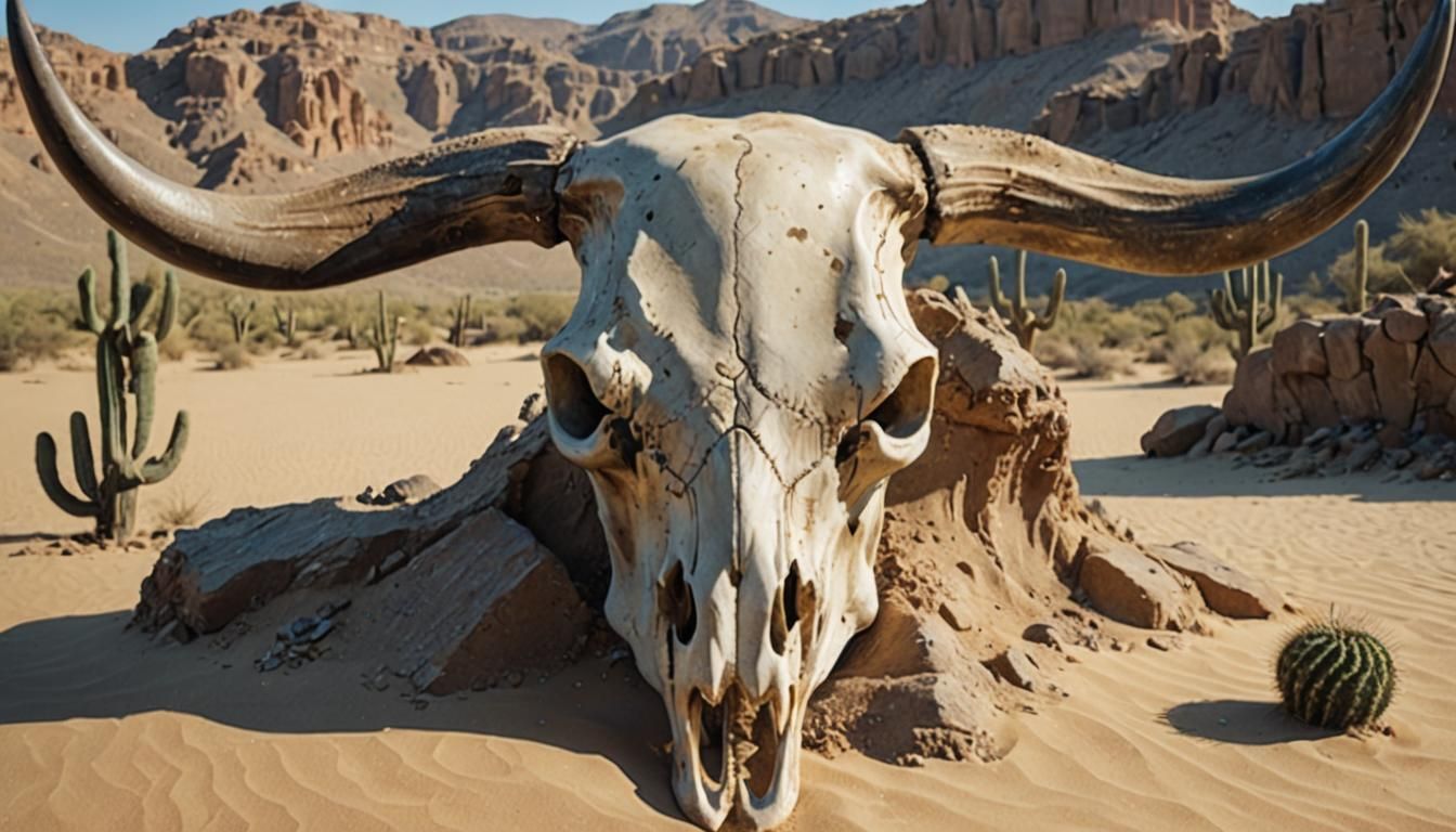 Ancient Bull Skull in Desert Ruins