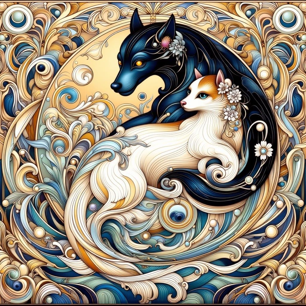 Art Deco Cat and Dog Yin-Yang