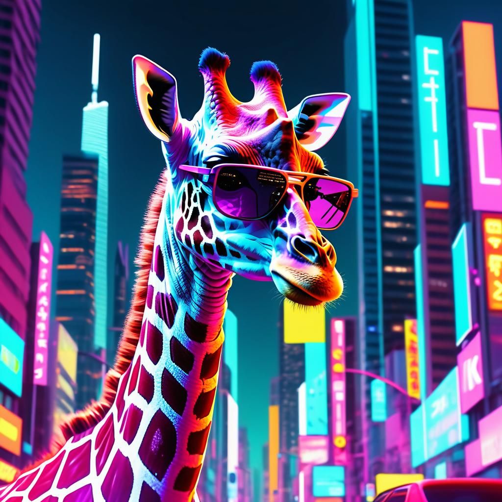 Giraffe in Sunglasses: Neon Retro Synthwave City