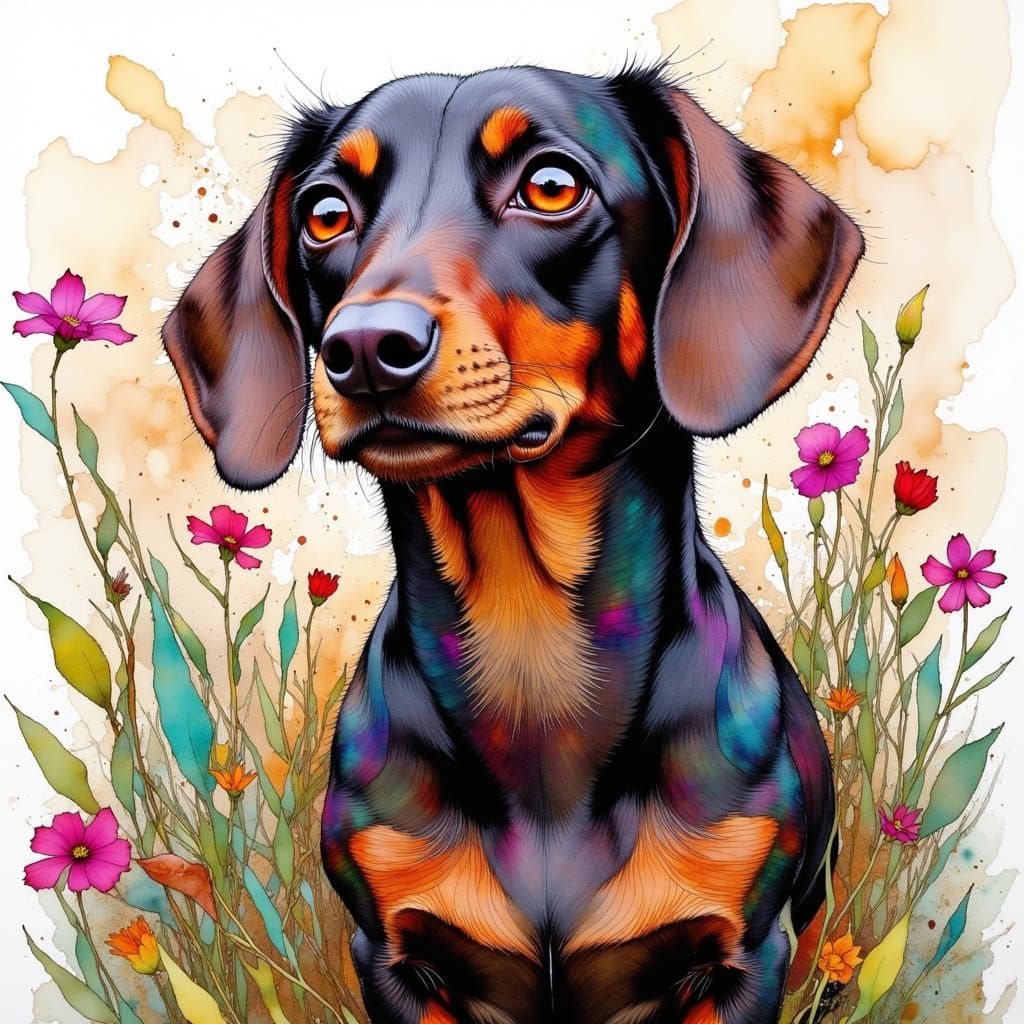 Impressionist Dachshund in Spring Garden with Gold Veins