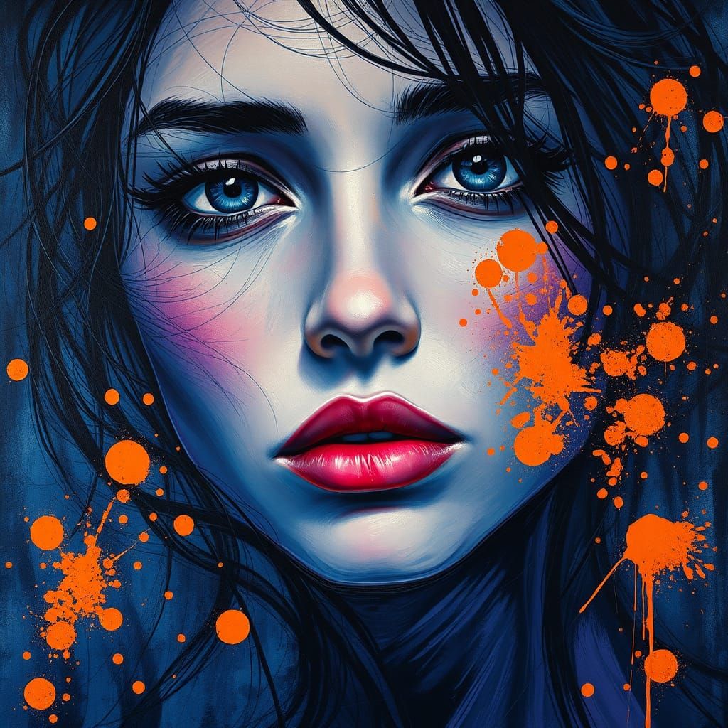 Dreamlike Portrait with Ink Splatters