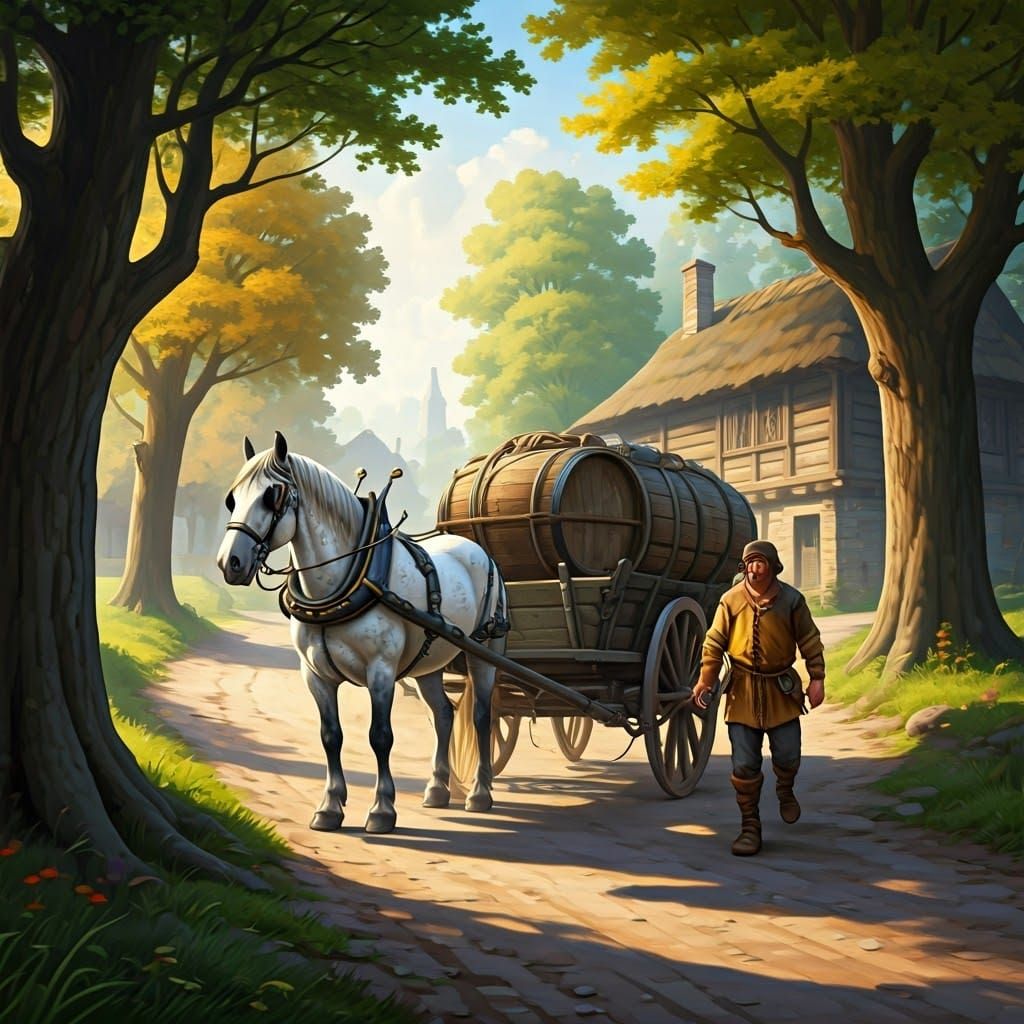 Medieval Percheron Horse and Cart in Rustic Landscape
