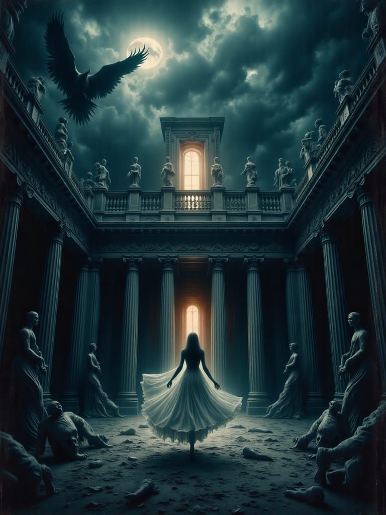 Woman Rushing to Neoclassical Building in Macabre Painting