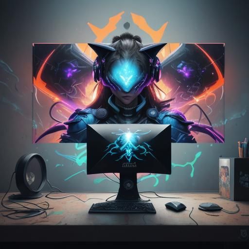 Neon VR Video gamer woman, Chibi Cybercat pixel prodigy code...