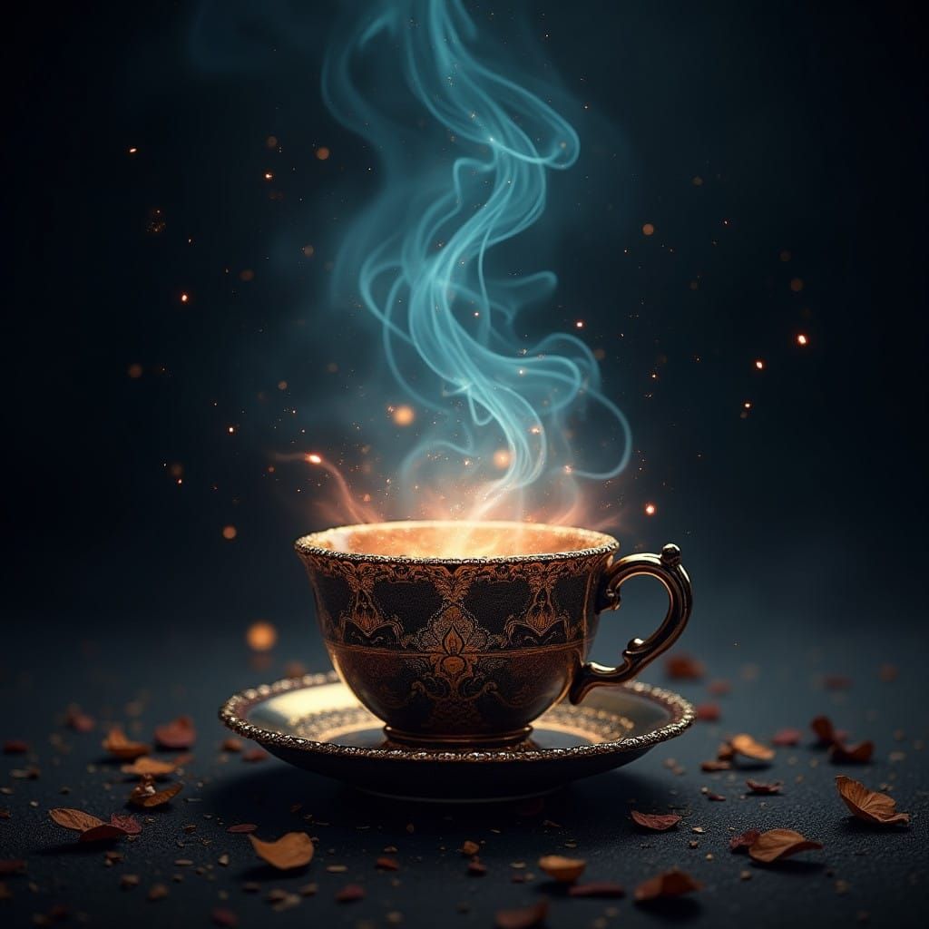 Mystical Coffee Cup in Glowing Fantasy Landscape