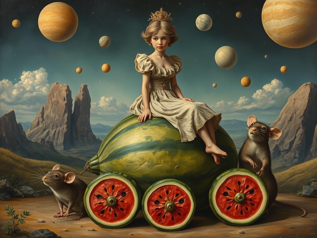 Cinderella in Surrealist Boschian Landscape