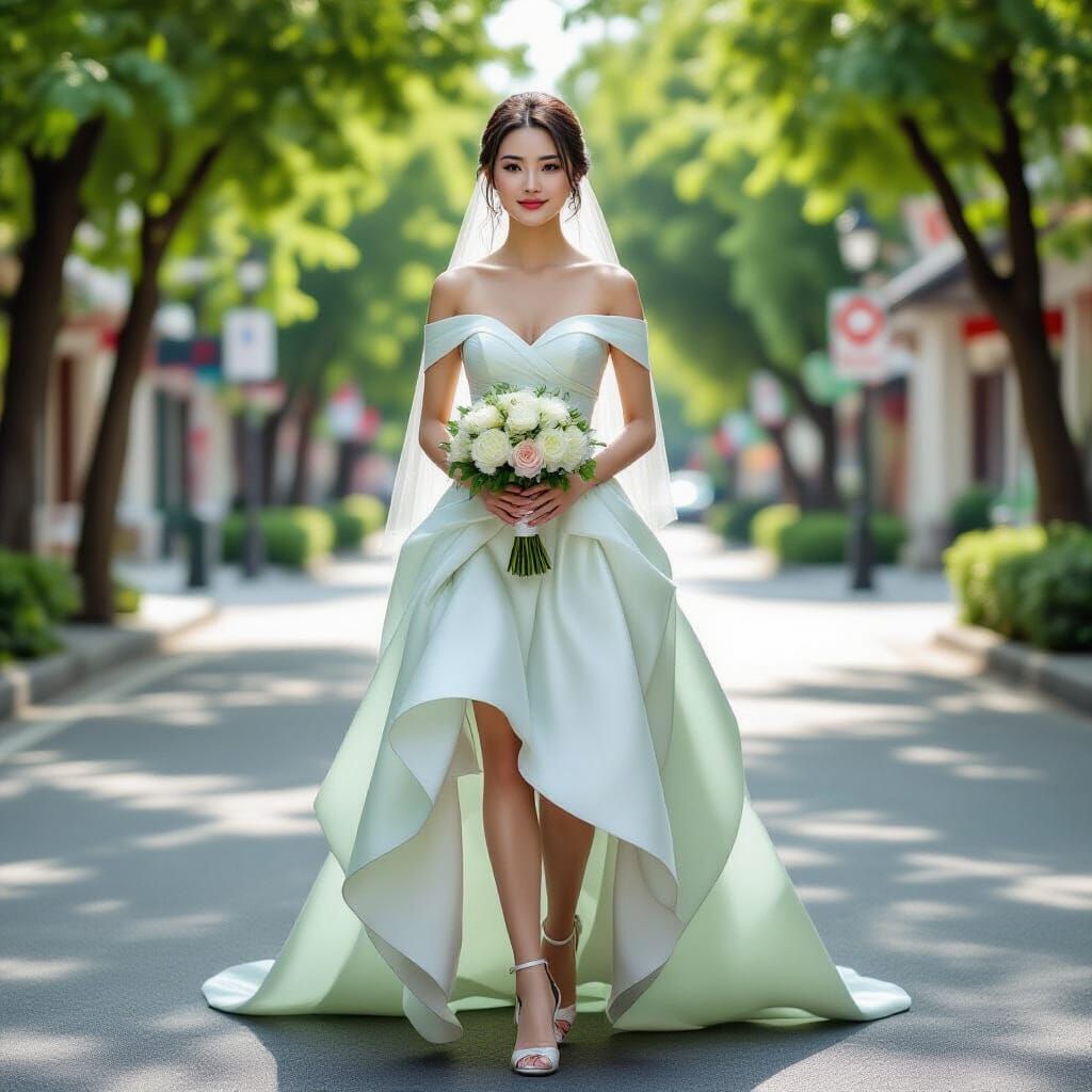 Chinese Bride in Green Gown Walking in City