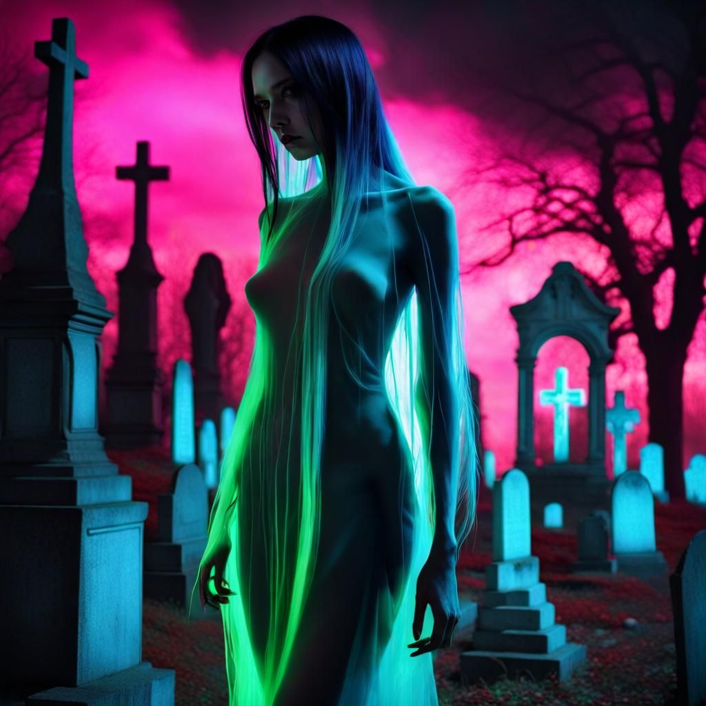 Ethereal Wraith in Vaporous Neon Cemetery