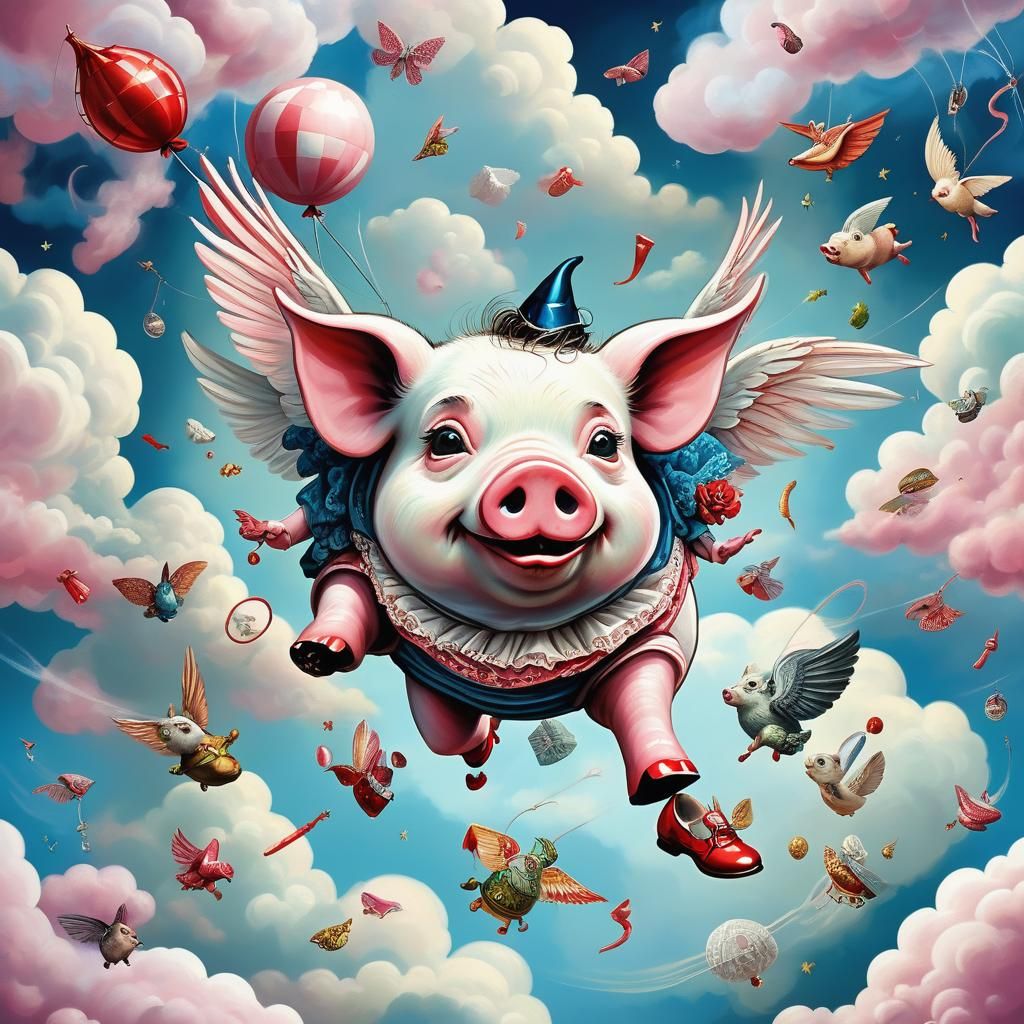 bizarro numptypunk art hysterical fauna flying squishywishy pig, ruby slippers, eclectic patterns, defying gravity, text...