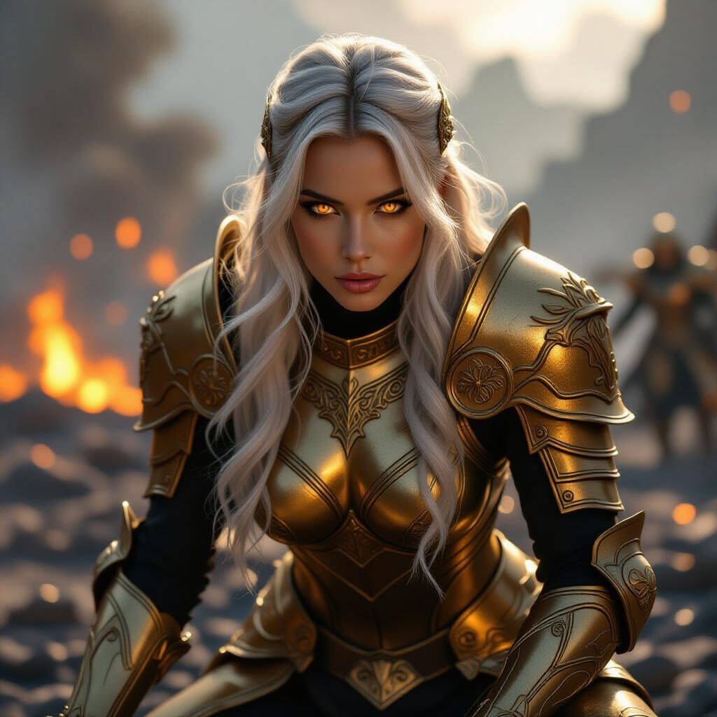 Golden Saint Warrior on Battlefield in Dramatic Lighting