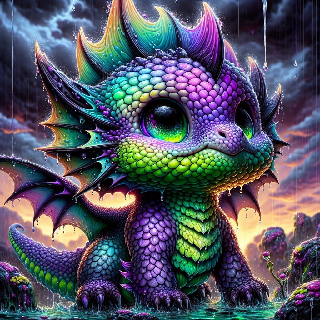 Charming Chibified Baby Dragon in a Stormy Purple and Green ...