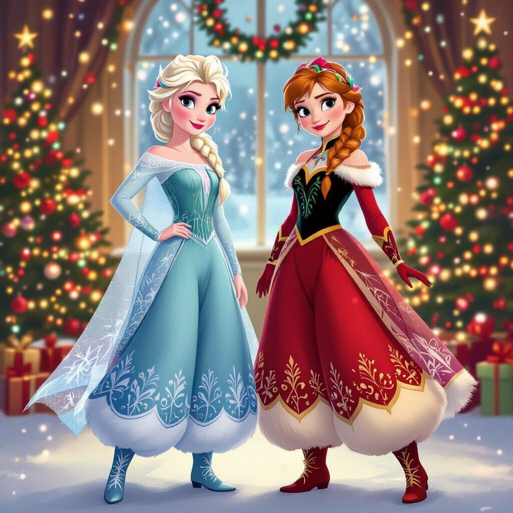 Anna and Elsa in Festive Christmas Outfits with Harem Pants