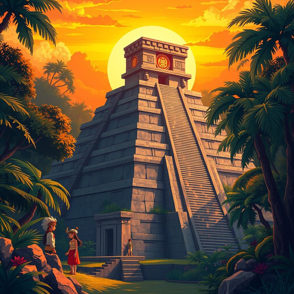 Ancient Mesoamerican Pyramid in Vibrant Anime Style