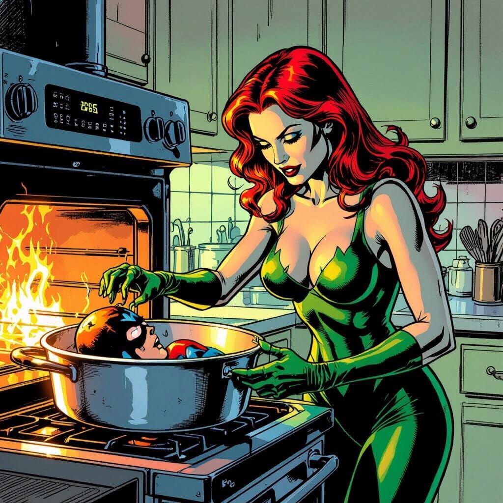 Poison Ivy Triumphs Over Tiny Hero in Kitchen