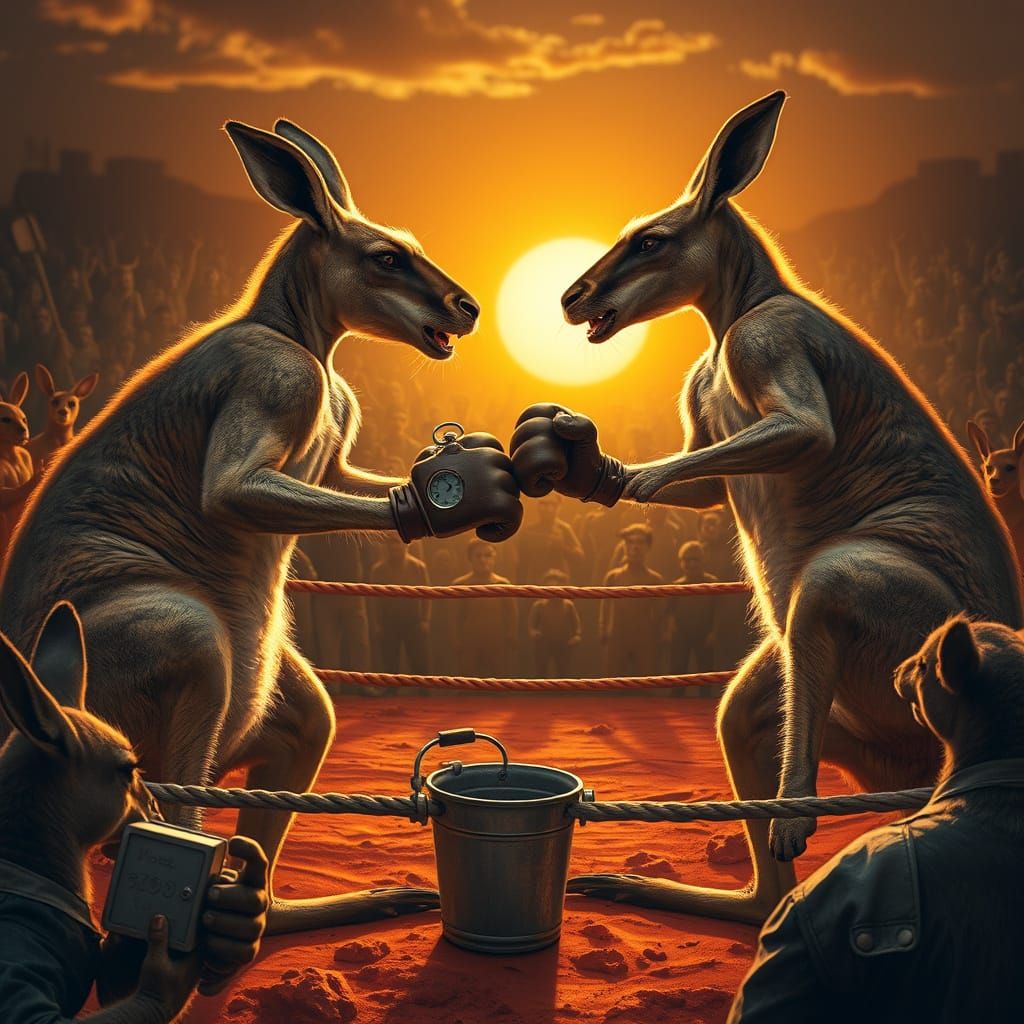 Muscular Kangaroos Clash in Australian Outback Boxing Ring