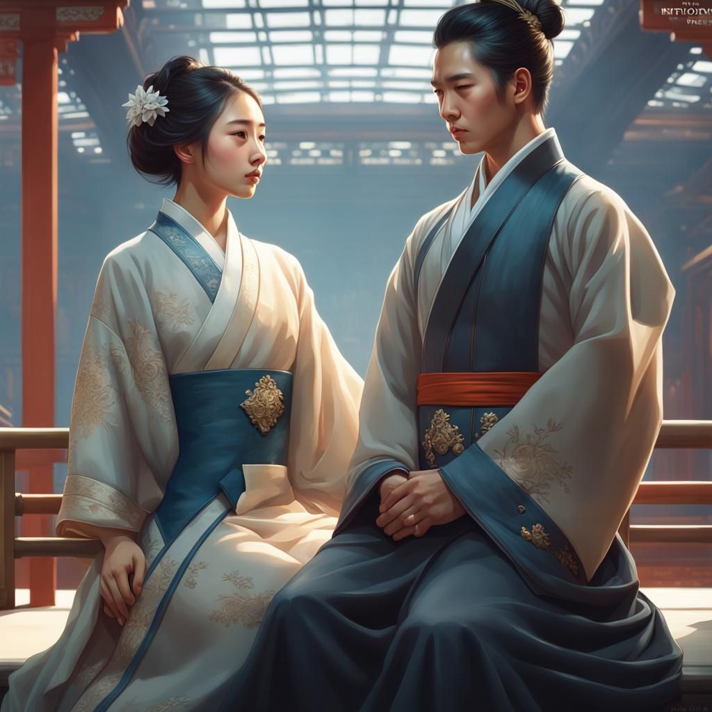 Korean Digital Painting of Couple in National Clothes