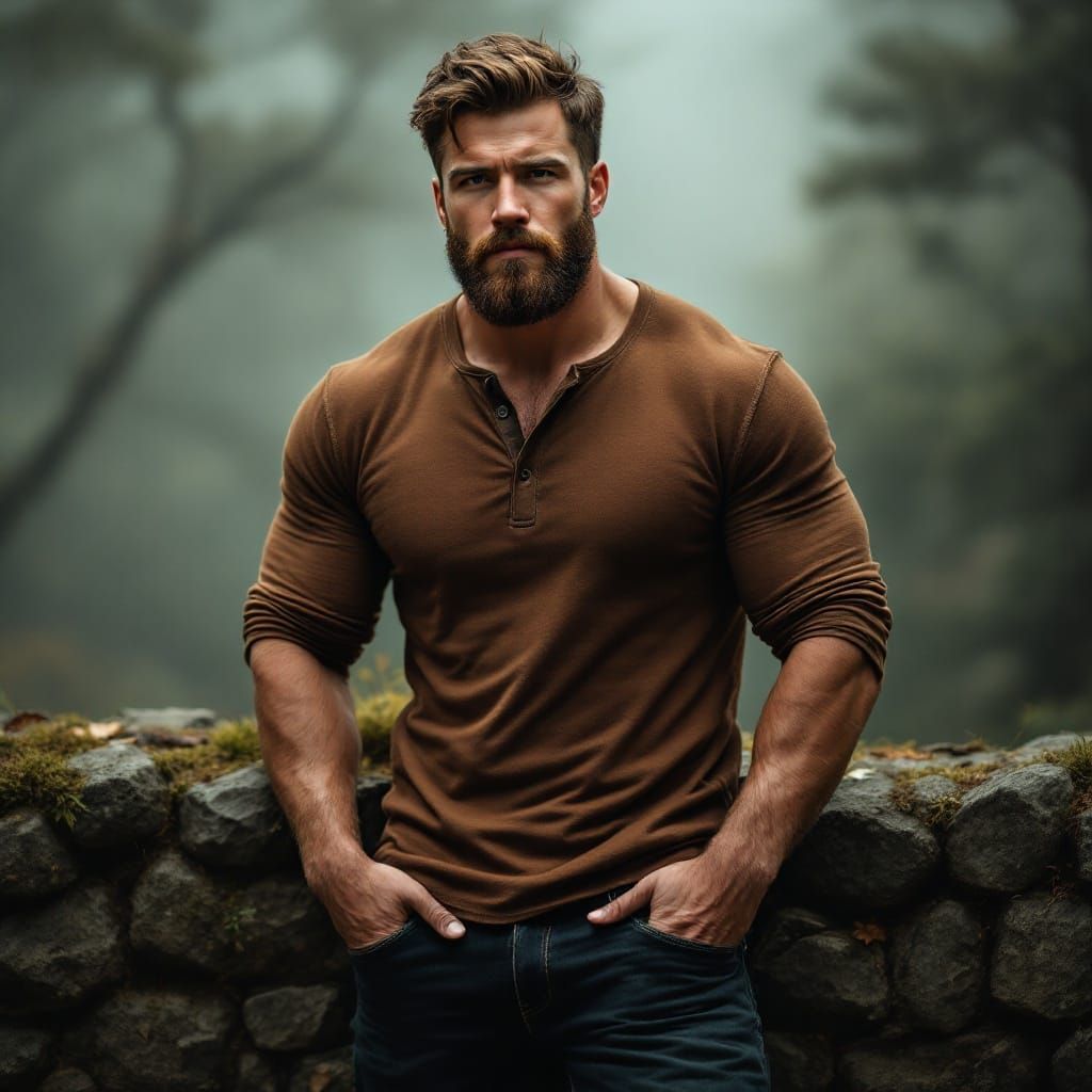 Ruggedly Handsome Man Embracing the Outdoors in Earthy Elega...