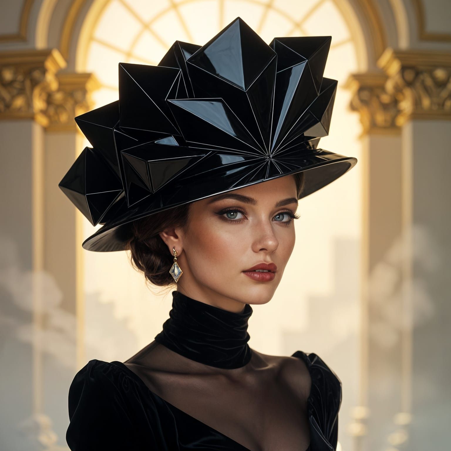 Art Deco Onyx Hat on High-Fashion Model
