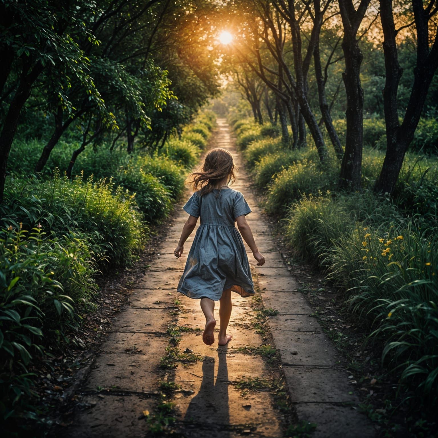 Barefoot Girl Running into a Sunset: Impressionistic Style