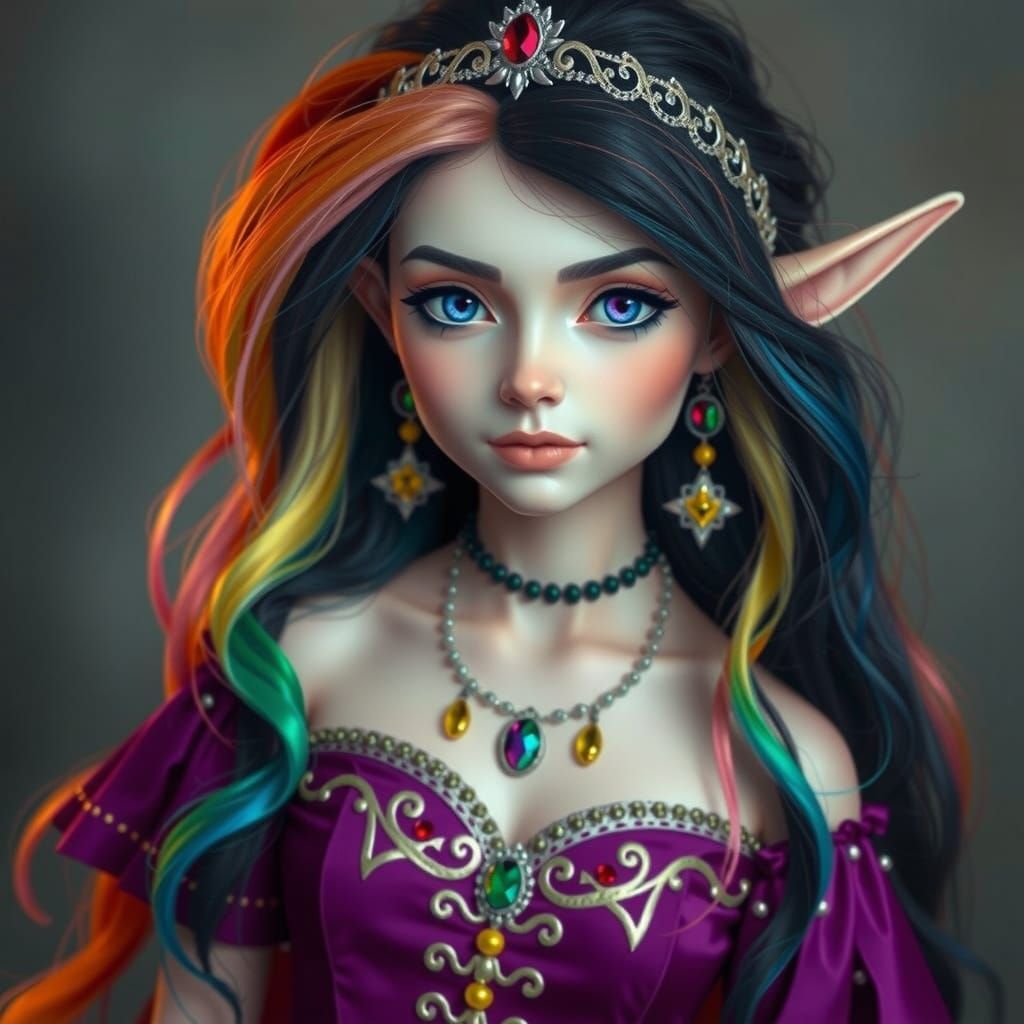 Elegant Female Elf in Vibrant Ballgown with Rainbow Tiara