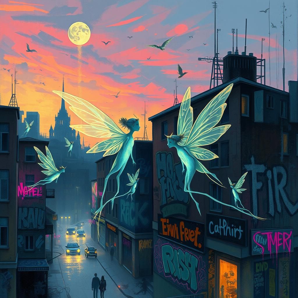 Bioluminescent Fae Folk in a Dreamlike Cityscape