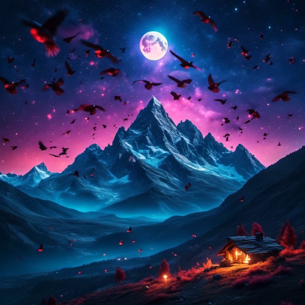 Glowing Birds Fly Across Night Sky, Matte Painting
