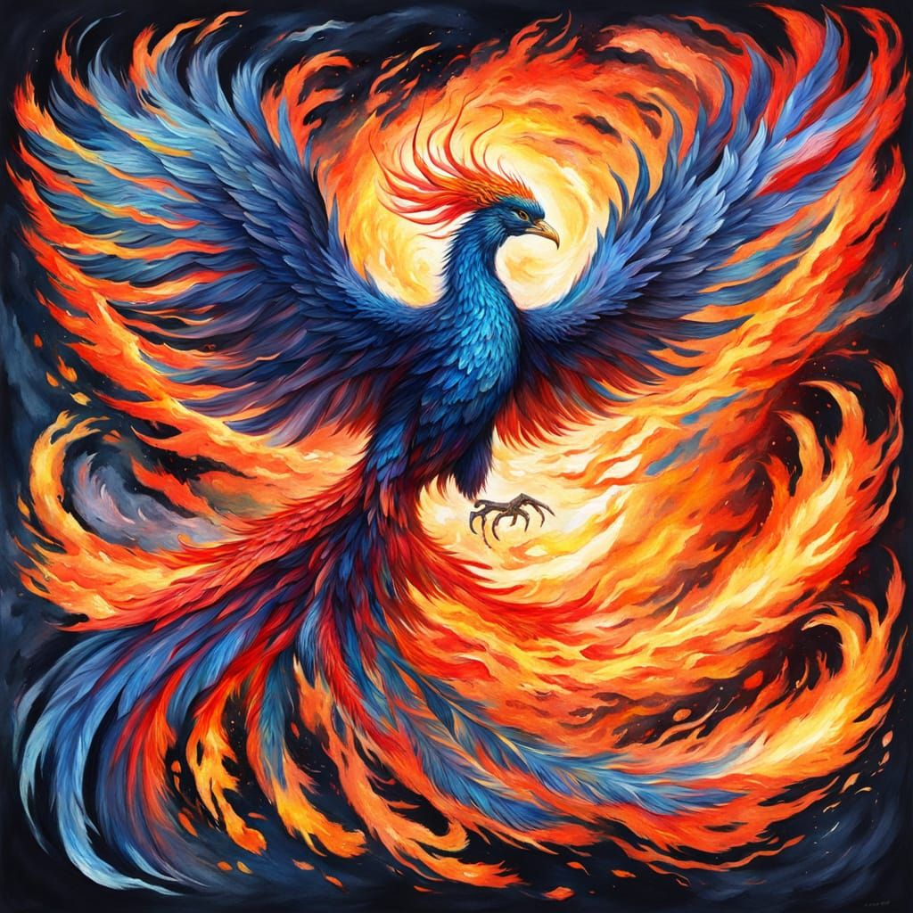 Ethereal Gouache Phoenix Soars with Fiery Tail