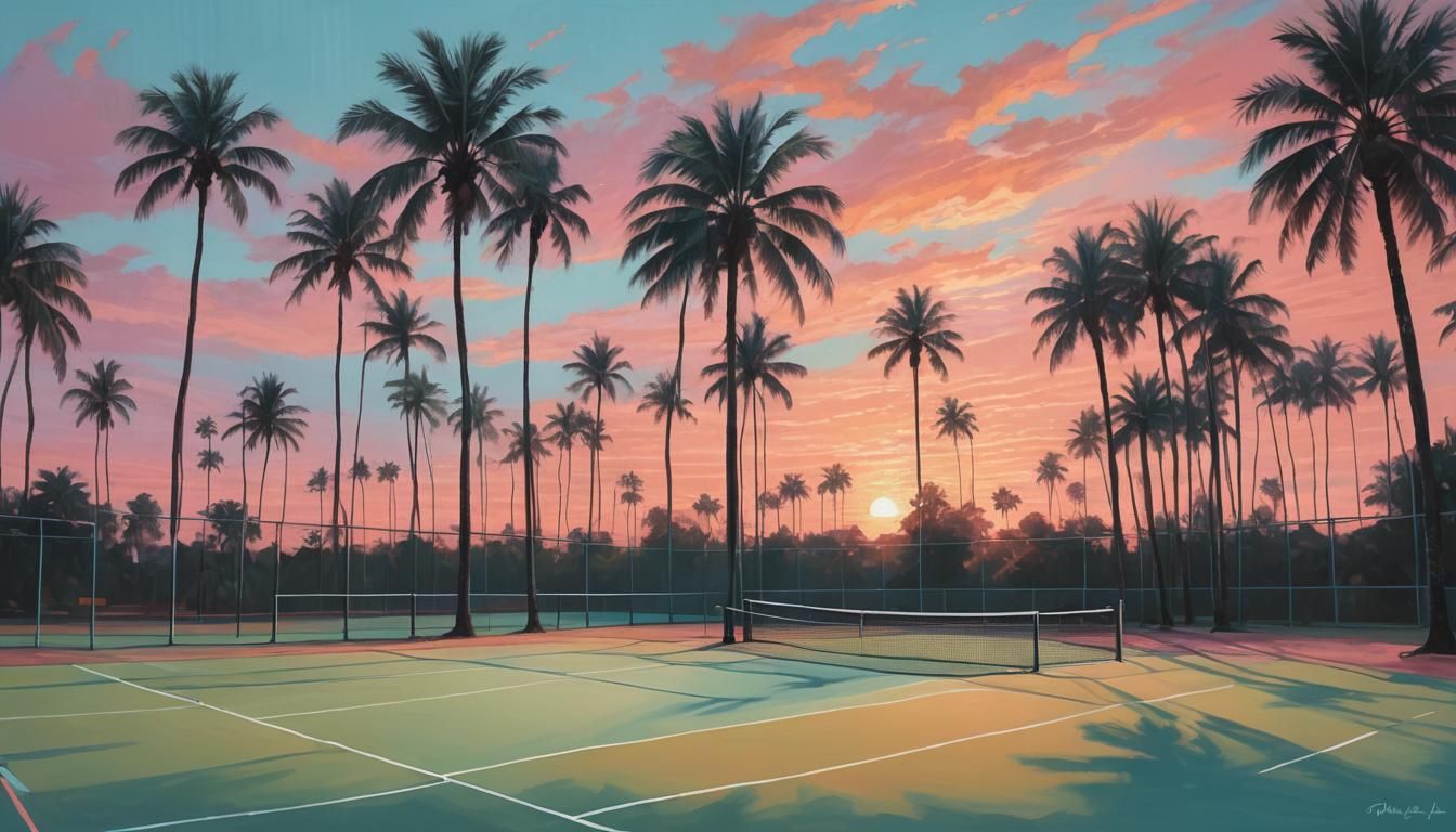 Tennis Court Sunset: Expressionist Impasto Oil Painting