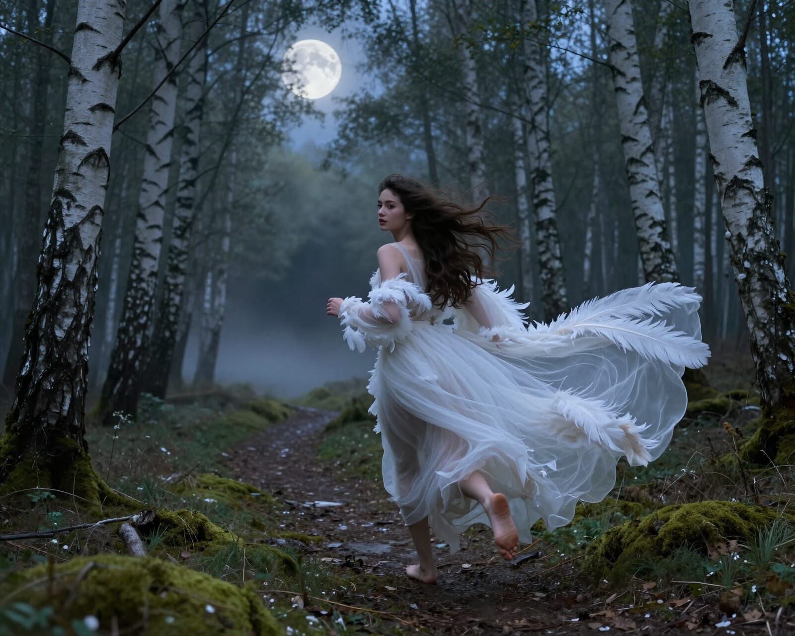 Ethereal Woman Flees Forest Chase Under Moonlight