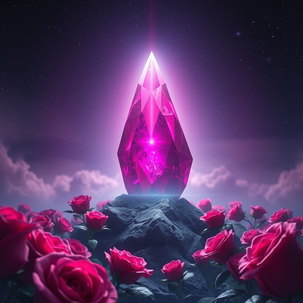 Glowing Magenta Gemstone Surrounded by Roses