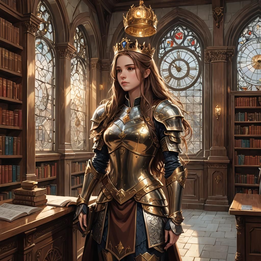 Girl in Armor Stands in Grand Library