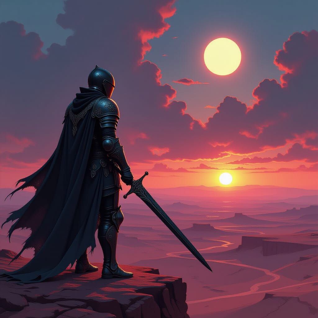 Knight Overlooking Alien Desert at Binary Sunset