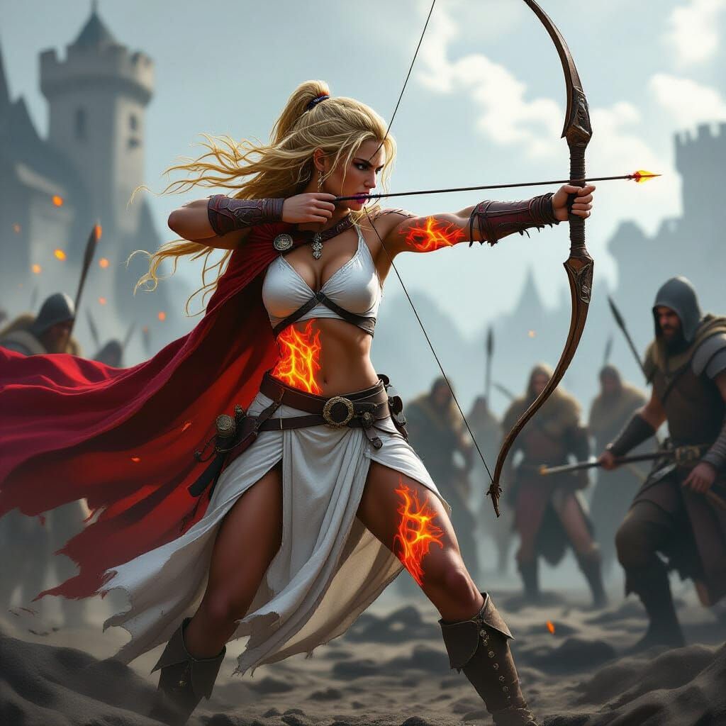 Syrathian Warrior Hannah the Red Draws Bow on Battlefield