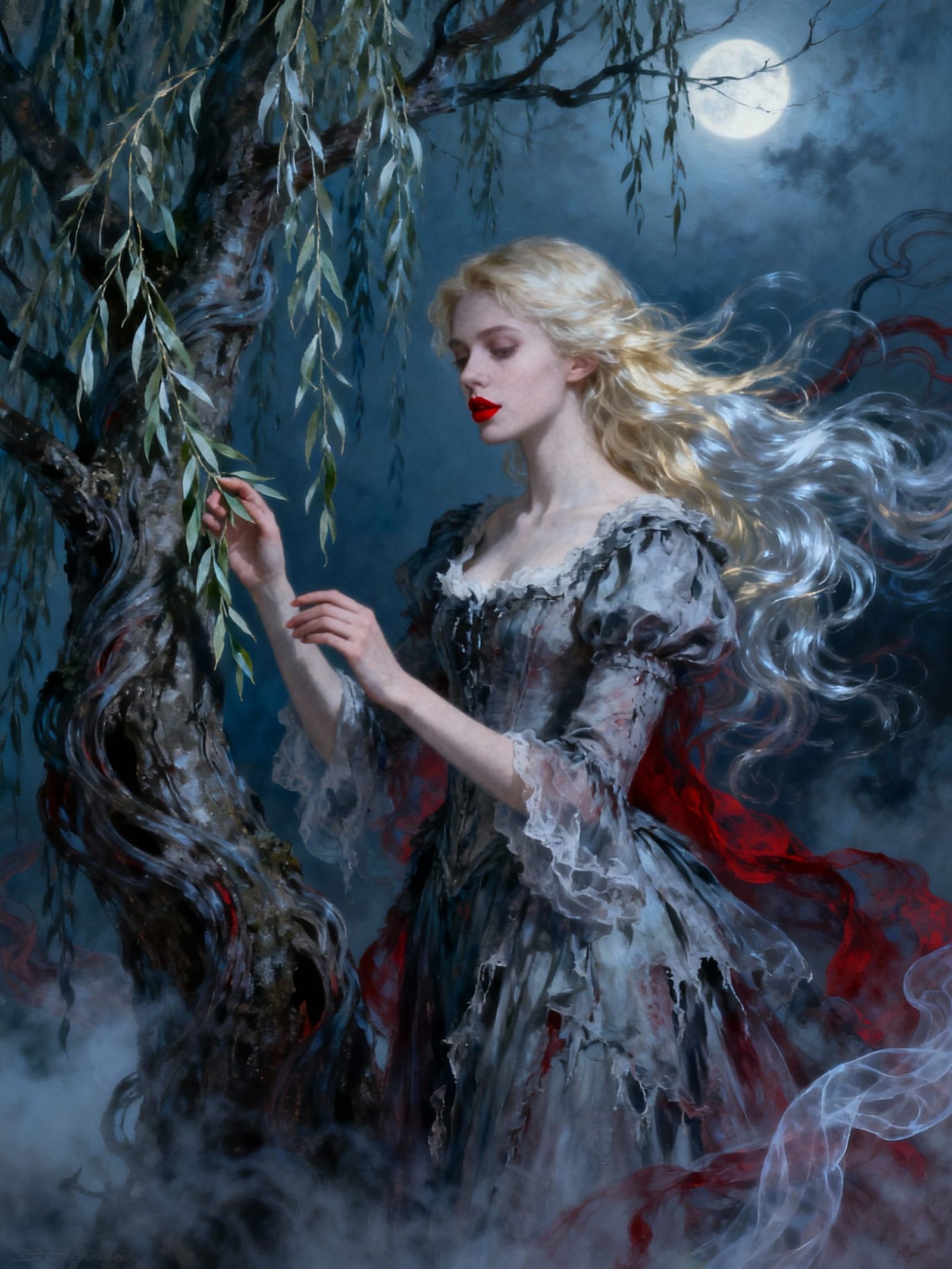 Gothic Romantic Painting of Woman Personifying Willow Tree