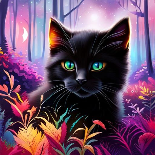 Cute Black Kitten in a Detailed Forest Scene