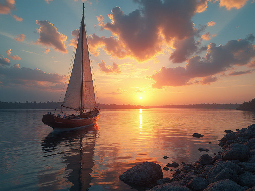 Sailboat Glides on Orinoco River at Sunset
