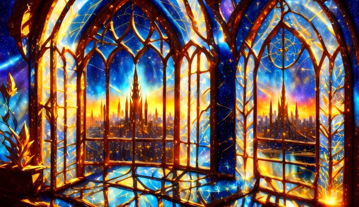 Surreal Floating Cityscape Through Ornate Window