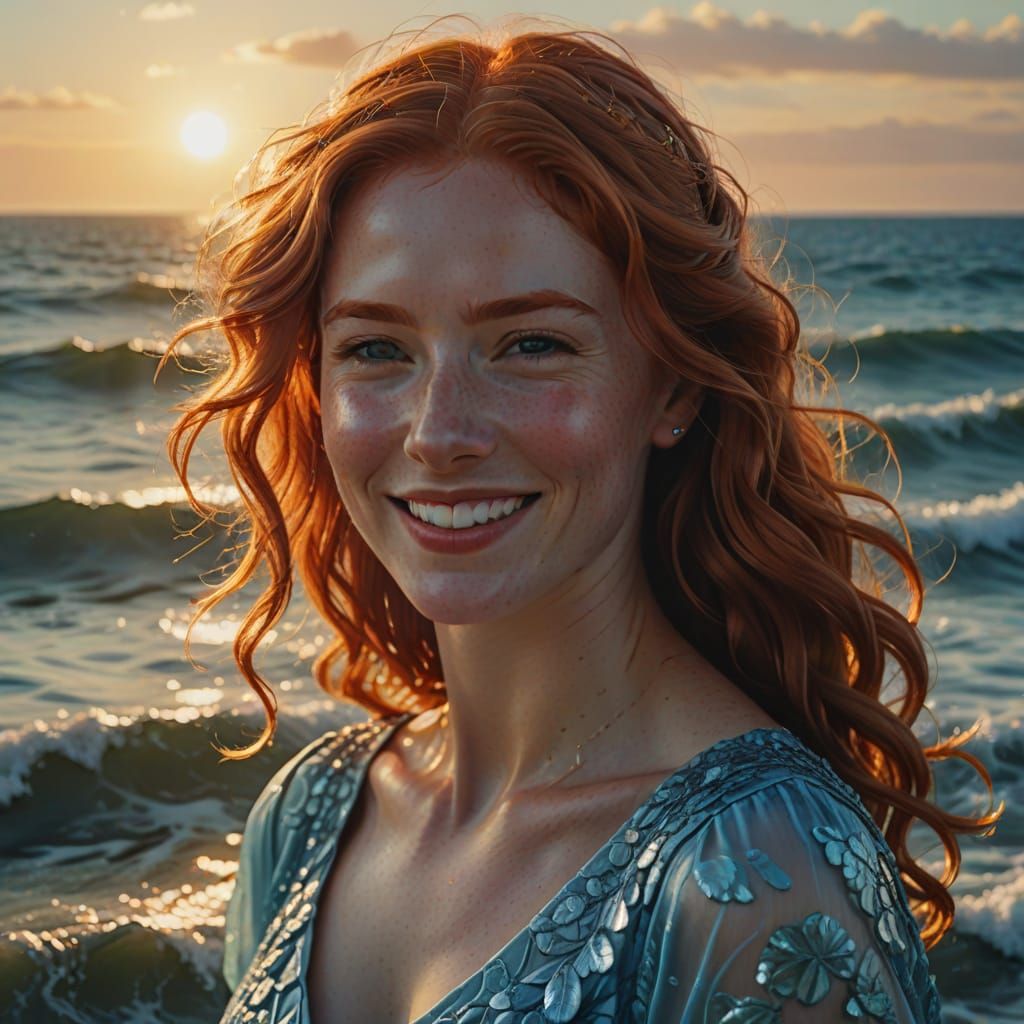 Hyperrealistic Redhead by Ocean in Golden Light